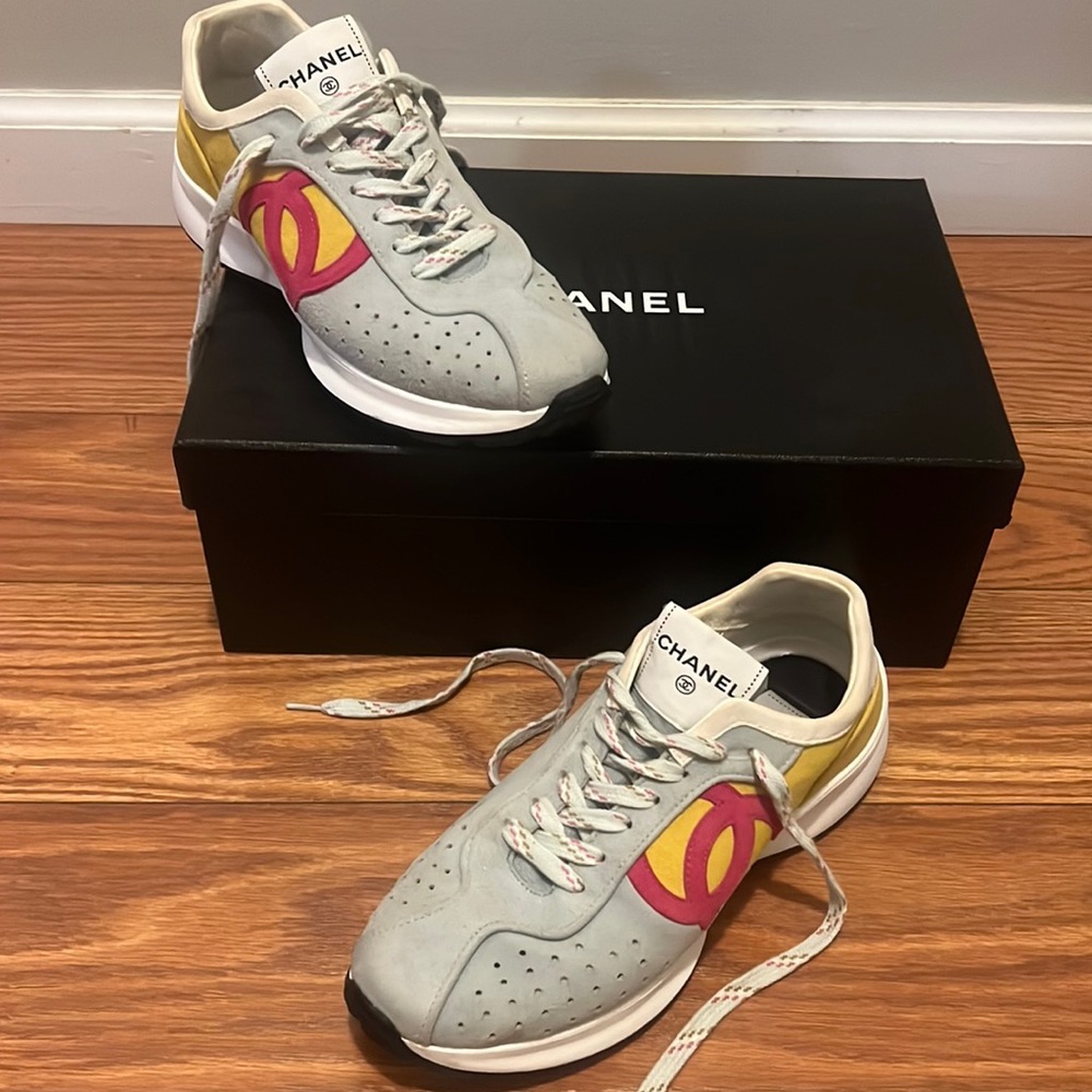 Chanel suede kidskin sneaker, 38.8, light turquoise, fuchsia, and yellow color
